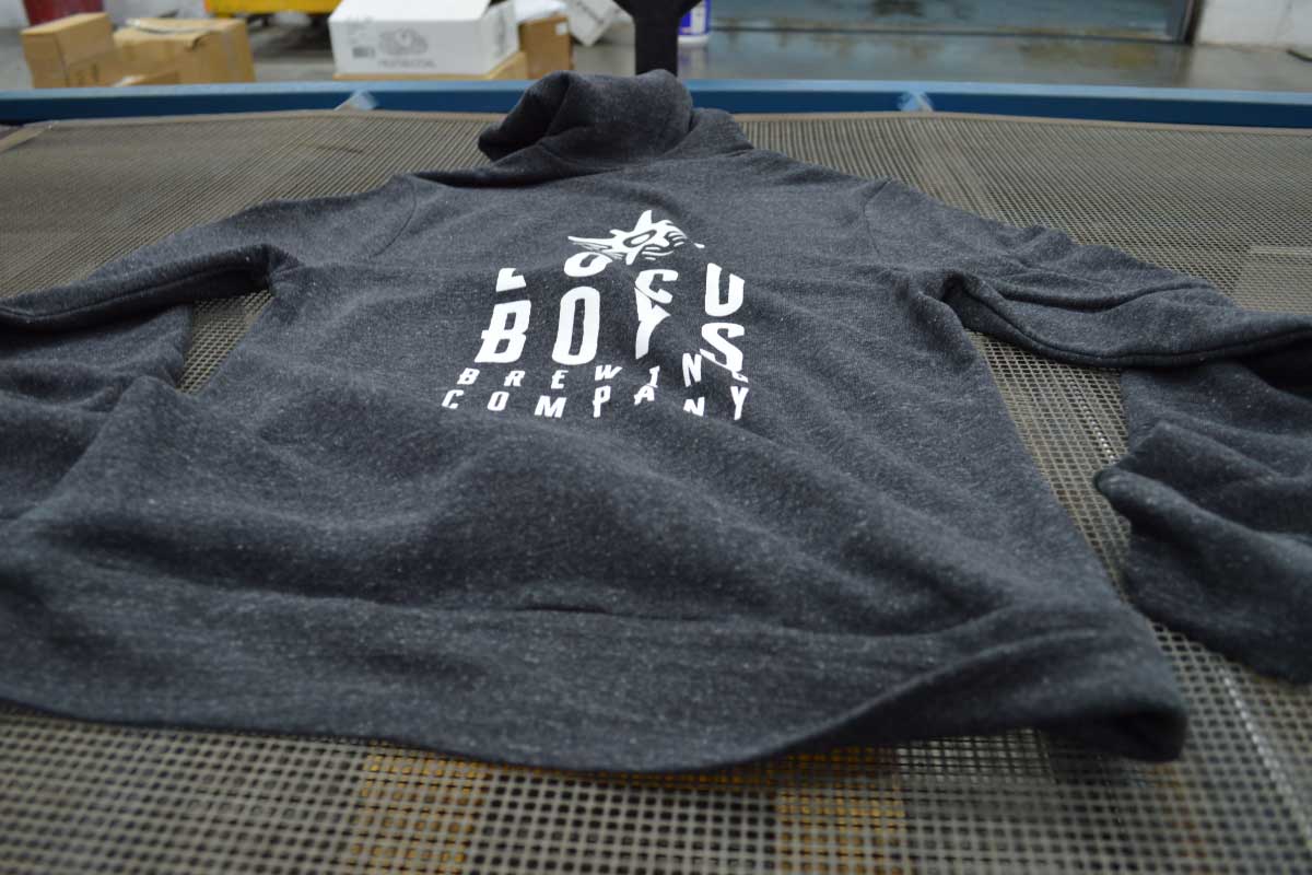 Imprinted Hoodie on Dryer Screen Printing for Loco Boys Brewing Company