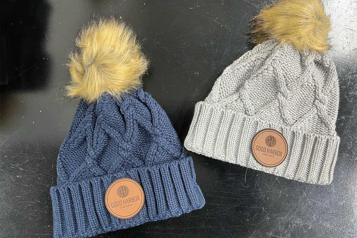 Leather Patches on Faux Pom Beanie